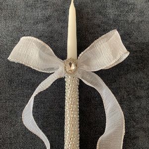 Custom religious candle, crystals and rhinestones